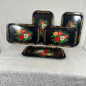 Vintage Set (5) Metal Toleware Snack Tip Tray Hand Painted Floral Flowers 1950's